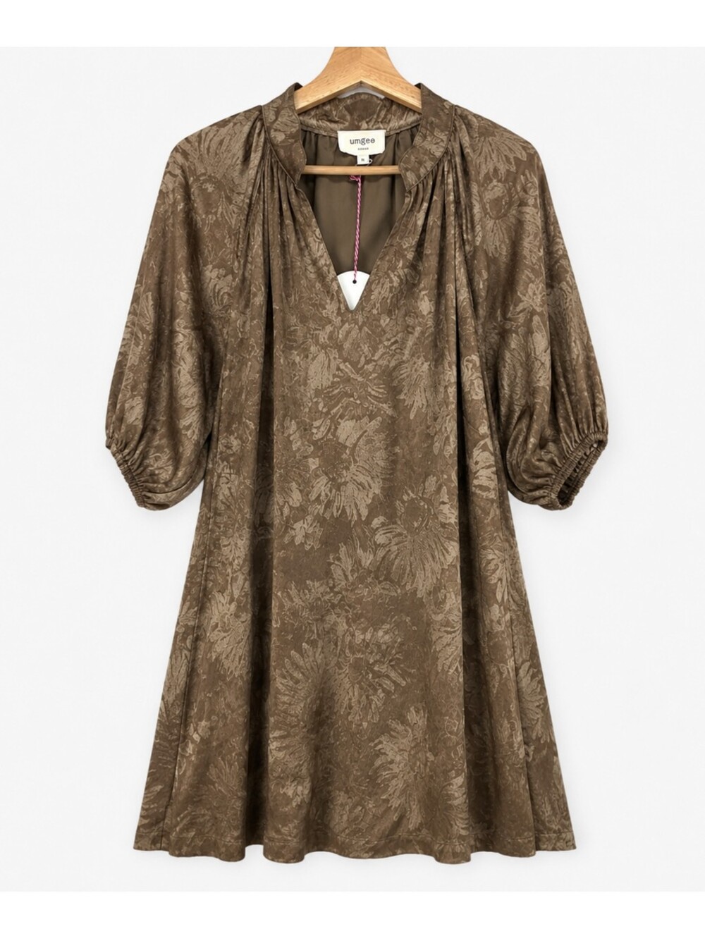 Umgee NWT Bronze Floral Jacquard Puff Sleeve Swing Bohemian Dress Size Medium - Picture 2 of 16